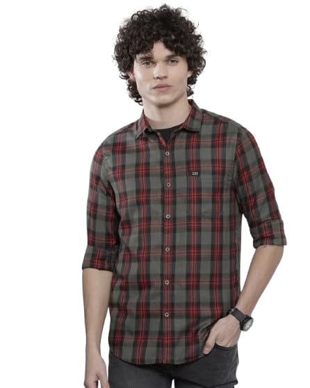 Image of Men's Cotton Casual Checked Classic Collar Slim Fit Shirt