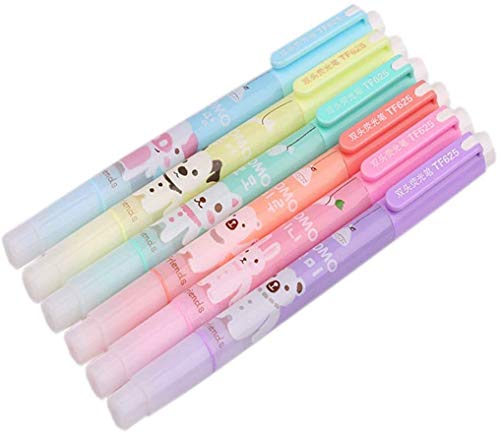 Coloring Double Tips Markers - Set of 6 Cute Novelty Cartoon Colored Animal Highlighters Set for Kids - Assorted Pens Fluorescent Ink 6 Different Colors Set For Note Book, Journal, Scrapbooking