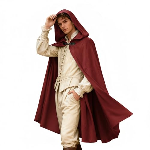 Renaissance Hooded Cloak Hobbit Halloween Medieval Costume Adult Cosplay Short Cape for Men and Women (Red Medium)