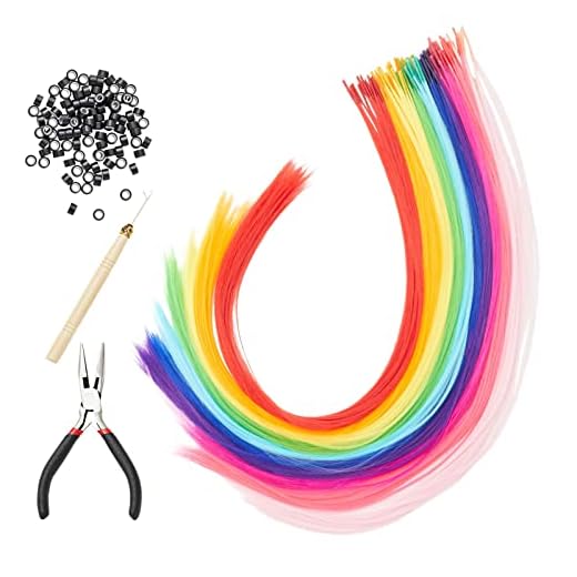 Glamlily Colored Hair Extensions for Kids, Hair Extension Beads, 100-Pcs Synthetic Strands in 10 Rainbow Colors, Includes Tools and Microbeads for Daily Use, Costumes, Formal Events (20 in)