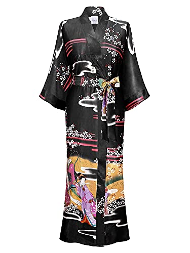 Swhiteme Women's Kimono Robe, Long, One Size, Geisha, Black