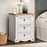 Corona Solid Wood Pine White Painted Wax LARGE 3 Drawer Bedside Cabinet Table Wooden Lamp Night Stand End Unit Shabby Chic Mexican Style 67cm High 53cm Wide 39cm Deep