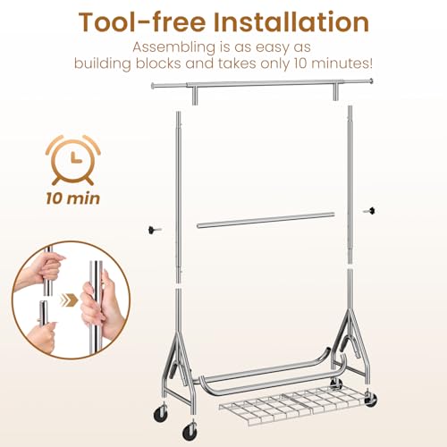 Image of Double Rods Clothing Rack, Heavy Duty Clothes Rack for Hanging Clothes Load 560LBS, Metal Rolling Garment Racks with Wheels, Freestanding Clothes Hanging Racks, Silver