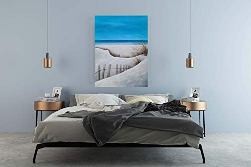 SYGALLERIER Beach Picture Wall Art Hand Painted Coastal Canvas Painting in Blue and White Color Nautical Artwork with Grass and Fence for Living Room Bedroom Bathroom Decor - Image 5