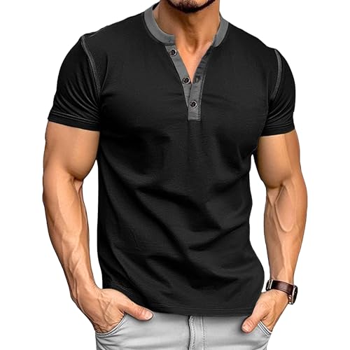 Men Round Neck Short Sleeve Henry Shirt Quarter Button Casual Sport Shirts Summer Exercise Training Pullover Tops (Black,3X-Large)