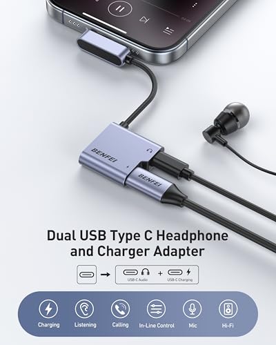 BENFEI USB C Splitter 1 in 2 Out Dual USB C Audio Jack Adapter with 60W Fast Charging, Type C Audio Headphone Compatible with iPhone 16/16 Pro/Pro Max, Samsung Galaxy S25/S24/S23 iPad Pro, Pixel 9