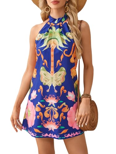 Image of Floerns Women's Sleeveless Floral Print Sundress Halter Neck A Line Short Dress