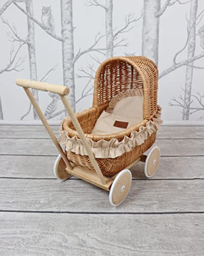 Cackoo Handmade Wicker Pram For Dolls With Cotton Bedding Sheets And Handmade Pom-Poms Ideal As Birthday Gift Natural Wicker #TOP2