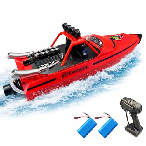 CLORPTYSL Fast RC Speed Boat, 30Kph Jet Racing Boat with Powerful Jet Propulsion for Adult & Children, 2 * 1500mAh Batteries Electric Remote Control Small Water Boat for Pool, Lake, River(red)