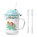 Heiqlay Szklanka do mleka dla dzieci ze słomką, szklany kubek na mleko z miarką, dzbanek z miarką z pokrywką i silikonową słomką dla dzieci, odporny na wysokie temperatury, do soku mlecznego, mrożonej herbaty, kawy do kuchenki mikrofalowej, 400 ml, słoń