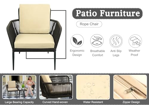 Image of DEVOKO 3 Piece Rope Patio Bistro Set Outdoor Conversation with Waterproof All Weather Chair and Glass Top Coffee Table for Garden, Balcony, Porch, Poolside (Dark Brown & Cream)