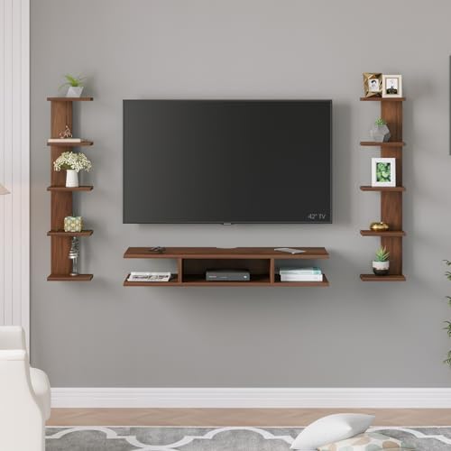 Image of BLUEWUD Estoye Standard Engineering Wood Wall Mount TV Entertainment Unit Set Top Box Stand /TV Cabinet Panel with Shelves for Books & Decor Display Unit, Ideal for 50 inch (Brown Maple)