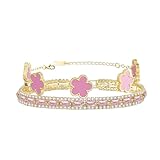 2Pcs Stackable Bracelet Set for Women Pink Cubic Zirconia Tennis Bracelet Adjustable 18K Gold Plated Clover Bracelet Set Trendy Gifts for Women (Pink-colored)