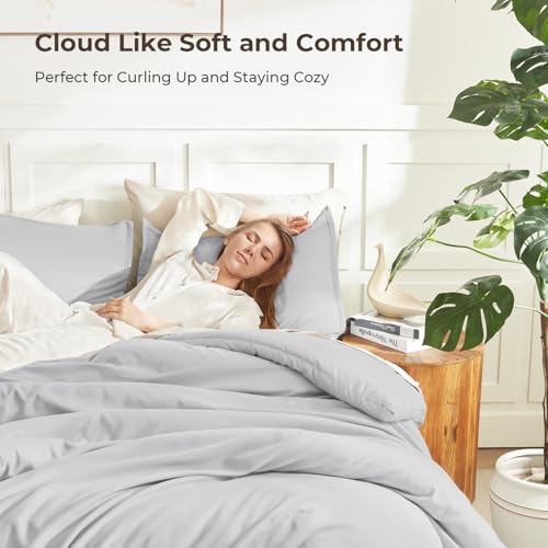 Image of Litanika Light Grey Comforter Queen Size, 3 Pieces Lightweight Solid Bedding Comforter Set, All Season Fluffy Bed Set (90x90In Comforter & 2 Pillowcases)