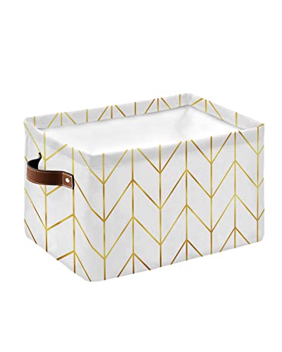 Storage Baskets For Organizing, Toy Box Chest Modern Herringbone Geometric White And Gold Foldable Cube Storage Bin With 2 Leather Handles Set Of 1 #TOP17