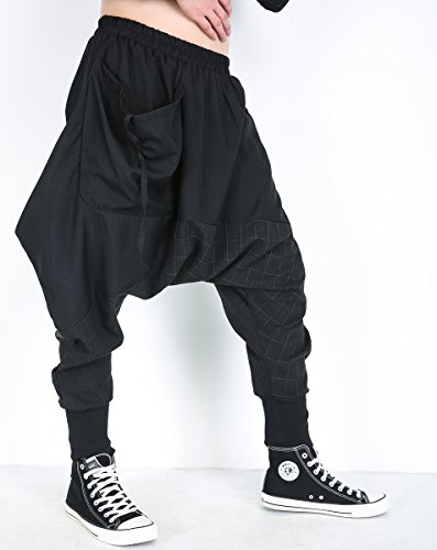 ellazhu Men's Baggy Relaxed Fit Elastic Waist Dropped Crotch Harem Pants Trousers GYM188 A3