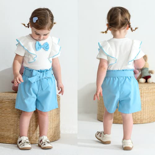 Younger Tree Newborn Baby Girl Summer Clothes Short Sleeve Ruffled Bowknot T-Shirt Shorts Outfits Cute Newborn Girl Clothing(White Blue,18-24 Months) #TOP1
