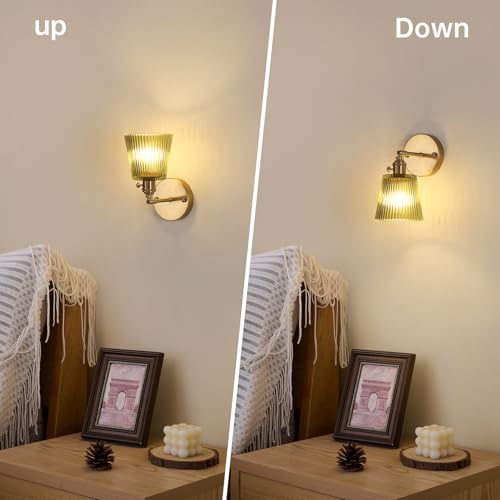 Image of Shenmoyl Vintage Wall Sconces Set of 2 with Green Stripe Glass Lampshade 180 Degree Adjustable Brass Sconces Hradwired Modern Wall Lighting Fixture with Switch for Bedside Bedroom Doorway