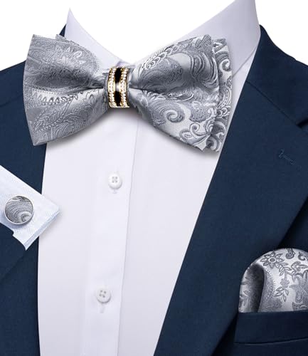 Image of YOHOWA Mens Bow Tie Set Paisley Pre-tied Bowties Adjustable with Handkerchief Cufflinks Gold Ring Set Wedding Prom Party