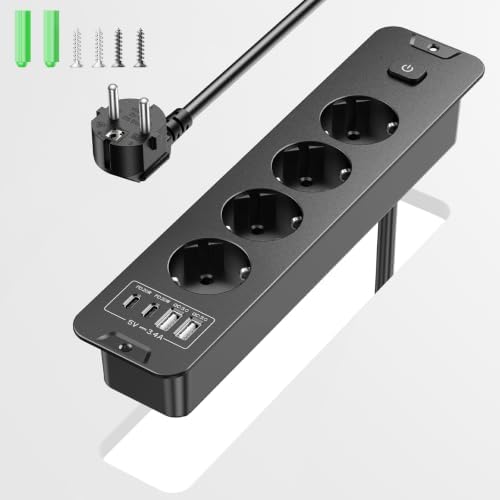 Einbausteckdose, versenkbare Tischsteckdose mit 4 Steckdosen + 4 USB (2 USB-C PD20W), 2 m Kabel, bündige Montage – für Konferenz-/Schreibtische, Möbel & Küchen