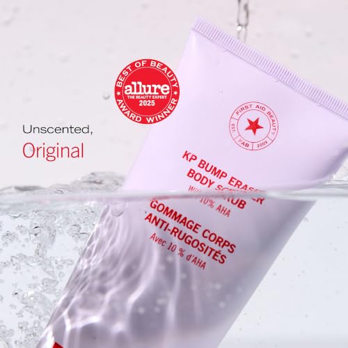 Image of First Aid Beauty KP Bump Eraser Body Scrub with 10% AHA - Dermatologist-Tested Keratosis Pilaris Exfoliator - Support for Rough Bumps, Uneven Skin Texture & Strawberry Skin - Sensitive Skin