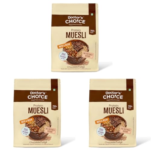 Image of DC DOCTORS CHOICE High Protein Multigrain Muesli|25 Gm Protein|No Maida|No Palm Oil|Jaggery Sweetened Fiber-Rich|Preservative-Free|Healthy Crunchy Treat|750 Gram|Chocolate|1 Count (Pack of 3)