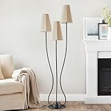 ZenGlimmer Artistic Vintage Floor Lamp, 3-Light Standing Lamps with Sculptural Curved Iron Base & Octagonal Linen Shades, Statement Lighting for Living Room, Bedroom, Studio