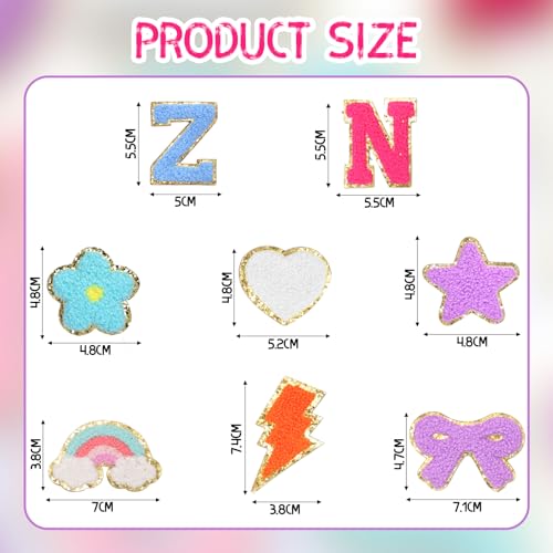 82pcs Chenille Letter Patches Self Adhesive Patch A-Z,Varsity Letter Patches with Gold Glitter Iron on Letters for Clothing Hats Bags Shoes, Heart Star Rainbow Lightning Flower Bow Shaped (Blue, Light Blue, Lake Blue, Rose Red, Orange, One Size) by Fjgyjt - Image 2