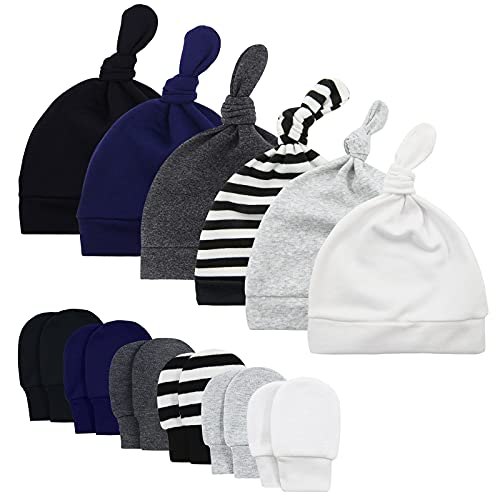 Image of Baby Newborn Hats Set for Boys with No-Scratch Mittens Cotton Beanie Top Knot for Infant 0-6 Months