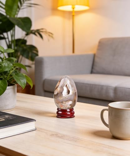 Image of AMOYSTONE Sakura Agate Egg 1.9-2.3 inch Mini Pocket Stone with Wood Stand for Spiritual Growth - Natural Flower Inclusion Specimen, Pocket Gift for Collectors 3.9oz