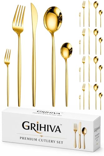 Image of 25 Pcs Gold Cutlery Set for Dining Table the Perfect Lightweight Silim Handle Tableware Including Dinner Spoon, Dinner Fork, Dinner Knife, Dessert Spoon & Dessert Fork
