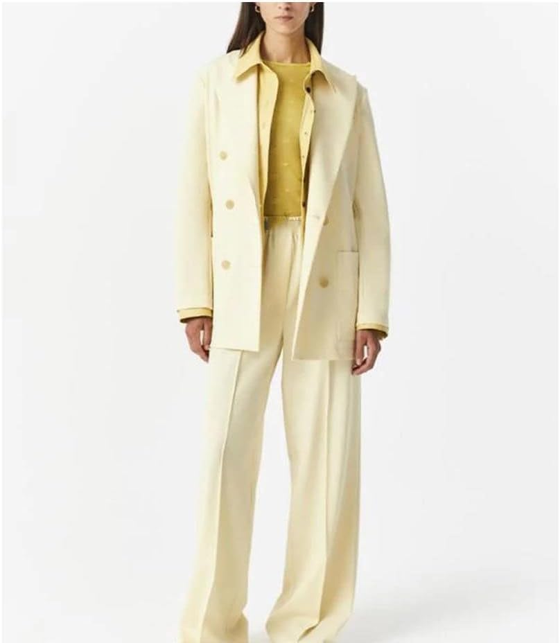 Light Goose Yellow Women Commute Suit 2 Piece Set Double-Breasted Peak Lapel Loose Office