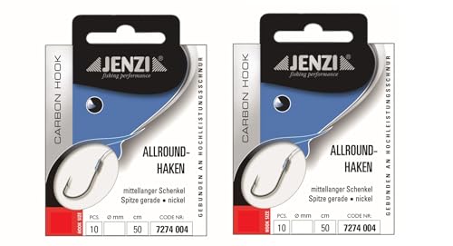 Set: 2 Packungen JENZI gebundene Allroundhaken Angelhaken (20 Stück) 50cm Hakengröße 4 6 8 10 12 & 14 je nach Auswahl + gratis Petri Heill! Aufkleber (Hakengröße 8)
