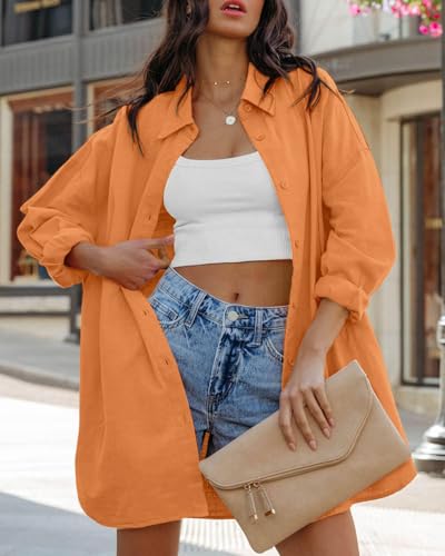 Image of FSHAOES Womens Oversized Button Down Shirts Casual Loose Long Sleeve Solid Lapel Long Blouses Tops with Pockets