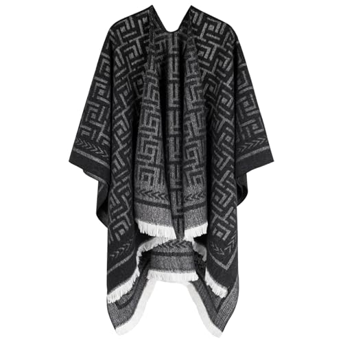 Relang Scarfs for Women Pashmina Silky Shawl Wrap for Evening Dressing Blanket Open Front Poncho Cape Black Meander Pattern