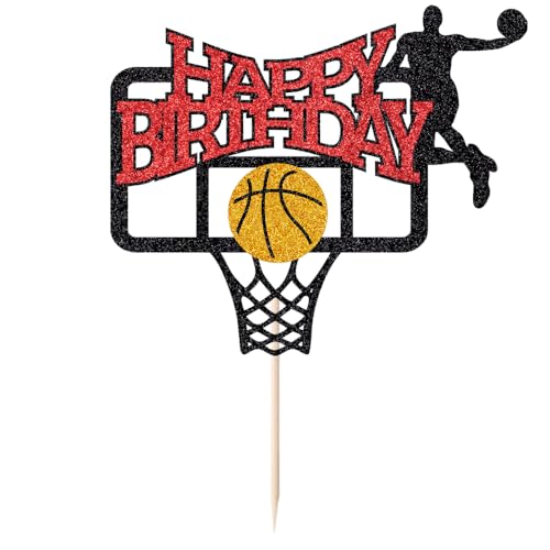 Keoysek Basketball Happy Birthday Cake Topper Glitter Basketball Sports Theme Birthday Cake Pick for Theme Baby Shower Birthday Party Cake Decorations Supplies
