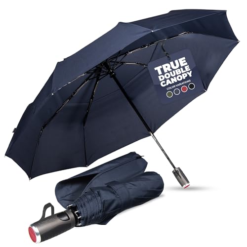 LifeTek Traveler 45 FX2 Windproof Travel Umbrella, Automatic Open Close, Compact for Rain and Sun, Fits in Purse or Backpack, Strong Heavy Duty Frame, Durable, UV Protection, Small and Portable Blue
