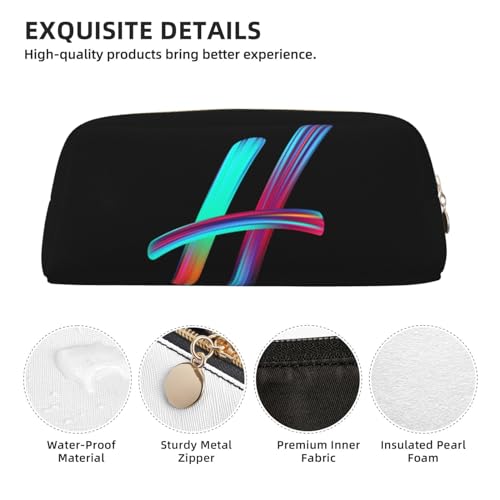 Image of Cute Initial Pencil Case for Kids Simple Leather Pencil Pouch for Boys Girls Letter Design Pencil Box Pen Bag Pencil Pouch Office Stationery Organizer, Rainbow Letter H
