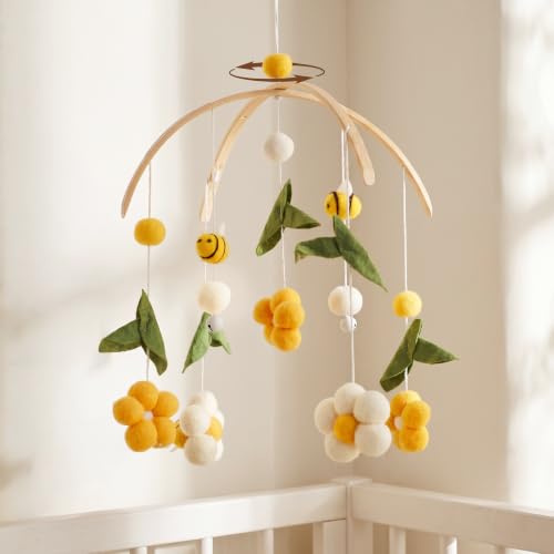 let's make Mobile Baby Holz + Wollknäuel, Frische Blumen und Bienen, Windspiel Rassel Wickeltisch, Kinderzimmer Hängende Bettglocke, Neugeborenen Geschenk für Baby (Biene)