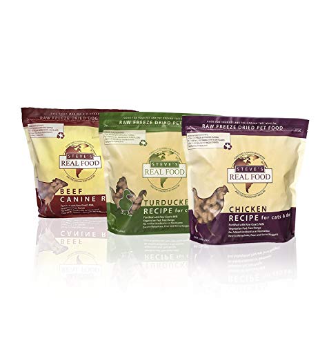 Steve\'s Real Food Raw Freeze Dried Dog Food Assorted Flavors- 3 Packs of 1.25 lb Bags of High Protein Dog Food in Chicken, Beef, and Turkenduck Flavors - 100% Natural USDA Human Grade Ingredients