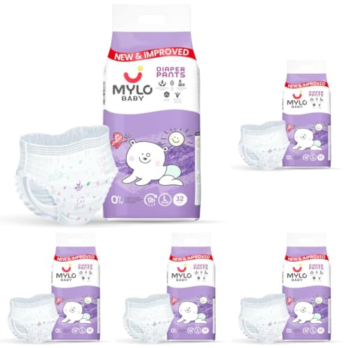 Image of Mylo Baby Diaper Pants Large (L) Size 9-14 kgs (32 count) Leak Proof | Lightweight | Rash Free | Upto 12 Hours Protection | ADL Technology | with Aloe Vera Lotion (Pack of 5)
