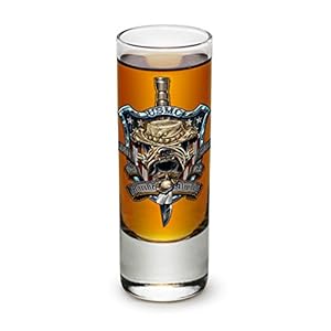US Marine Corps USMC Marines – Once and Marine Always Marine – Shot Glass Shooter Heavy Base Tall 2 Ounce – Single – Mini Small Glass – For Liquor – Whiskey, Tequila, Vodka, Spirtis, Beverages –