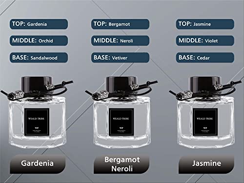 Real Flower Reed Diffuser Set of 3 for Bathroom Air Fresheners, Gift Oil Diffuser Sticks | Gardenia Jasmine Bergamot & Neroli Scent(1.7 fl oz Each Pack) Home Fragrance with 30 Sticks | House Decor