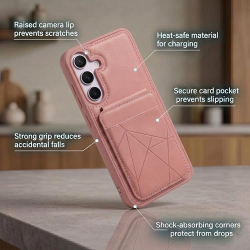 Image of amazon basics Premium Vegan Leather Back Cover with Card Holder and Integrated Mobile Stand for Samsung Galaxy S25FE 5G - Slim Shockproof Wallet Case with Geometric Stitching [Pink]