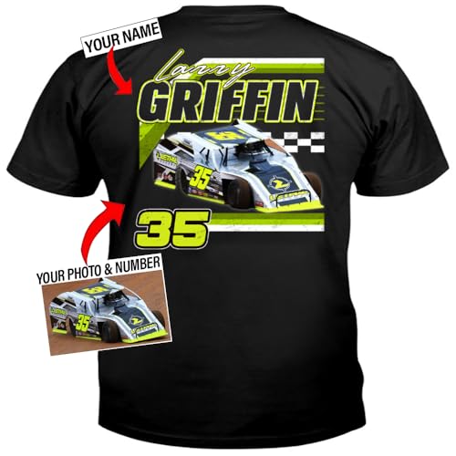 Dirt Track Racing Personalized Photo, Name & Number T-Shirt For Racers, Late Model, Street Stock Modified Car, Funny Racer, Sprint Car, Custom Racing Team (on the back) (BK395)