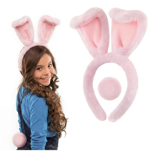 Zeyune 2pcs/4pcs Easter Bunny Ears Headband for Kid with Pom Tail Bunny Cartoon Toy Character Cosplay for Toddler Girl(2 Pcs,Pink)