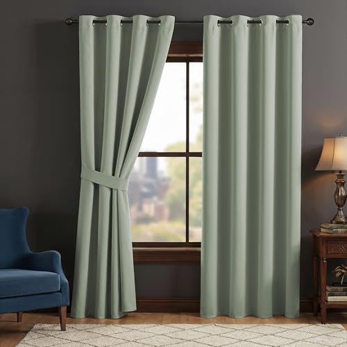Image of LINENWALAS 100% True Blackout Curtains for Window (6 Feet) - Set of 2 | Matte Finish Complete Light Block | Thermal Insulated & Noise Reducing Room Darkening Curtains | UV Protection (Sage Green)