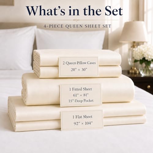 Image of Queen Sheets - 800 Thread Count 4 PC Egyptian Cotton Luxury Bedding - Ivory | 15 inch Deep Pocket Queen Bed Sheets Set for Elegant & Relaxed Comfort, Breathable & Ultra-Soft Sateen Weave, All Season Comfort