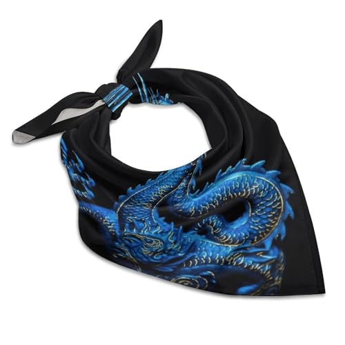 Blue Chinese Dragon Head Scarf Like Silk Scarf Lightweight Fashion Satin Hair Bandanas for Women Boho Headscarf Hair Wrap Bandana Headband Handkerchief Silk Scarves for Bag Purse Neck 25 Inch
