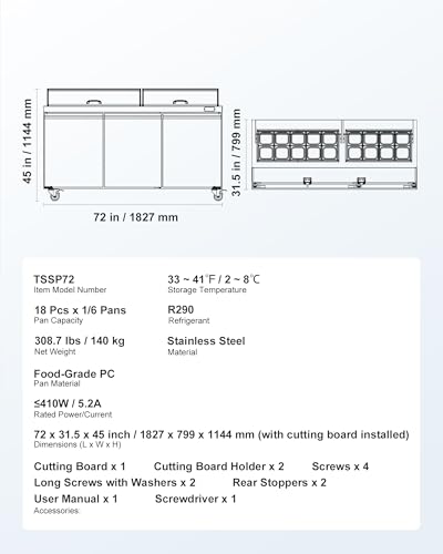 Image of VEVOR 72 inchW Commercial Refrigerator, 18.7 Cu. Ft Sandwich Prep Refrigerated Table, Mega Top Food Prep Fridge with 18 Pans and Cutting Board, Stainless Steel Salad Prep Cooler for Restaurant, Food Truck | 18.7 Cu Ft 3-Door Mega Top Salad Cooler, Thick Cutting Board, Stainless Steel Food Prep Fridge, for Restaurant, Food Truck